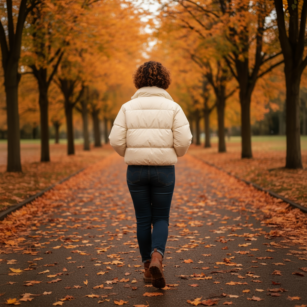 Person walking down a path lined with trees with orange autumn leaves