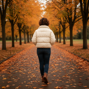 Person walking down a path lined with trees with orange autumn leaves