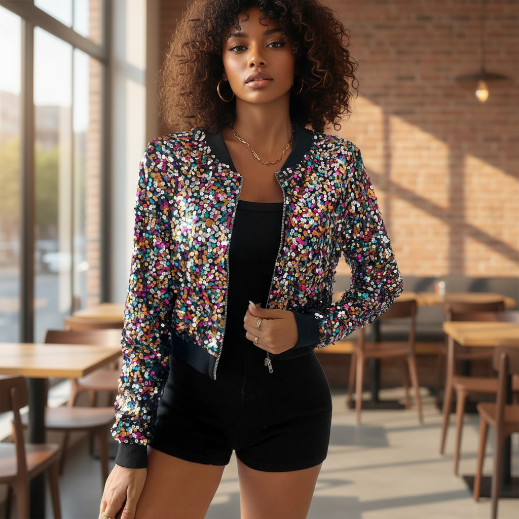 Woman wearing a colorful jacket in an outdoor cafe setting