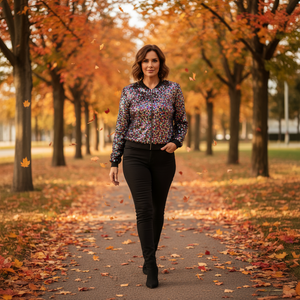 Woman walking on a path lined with trees with autumn foliage