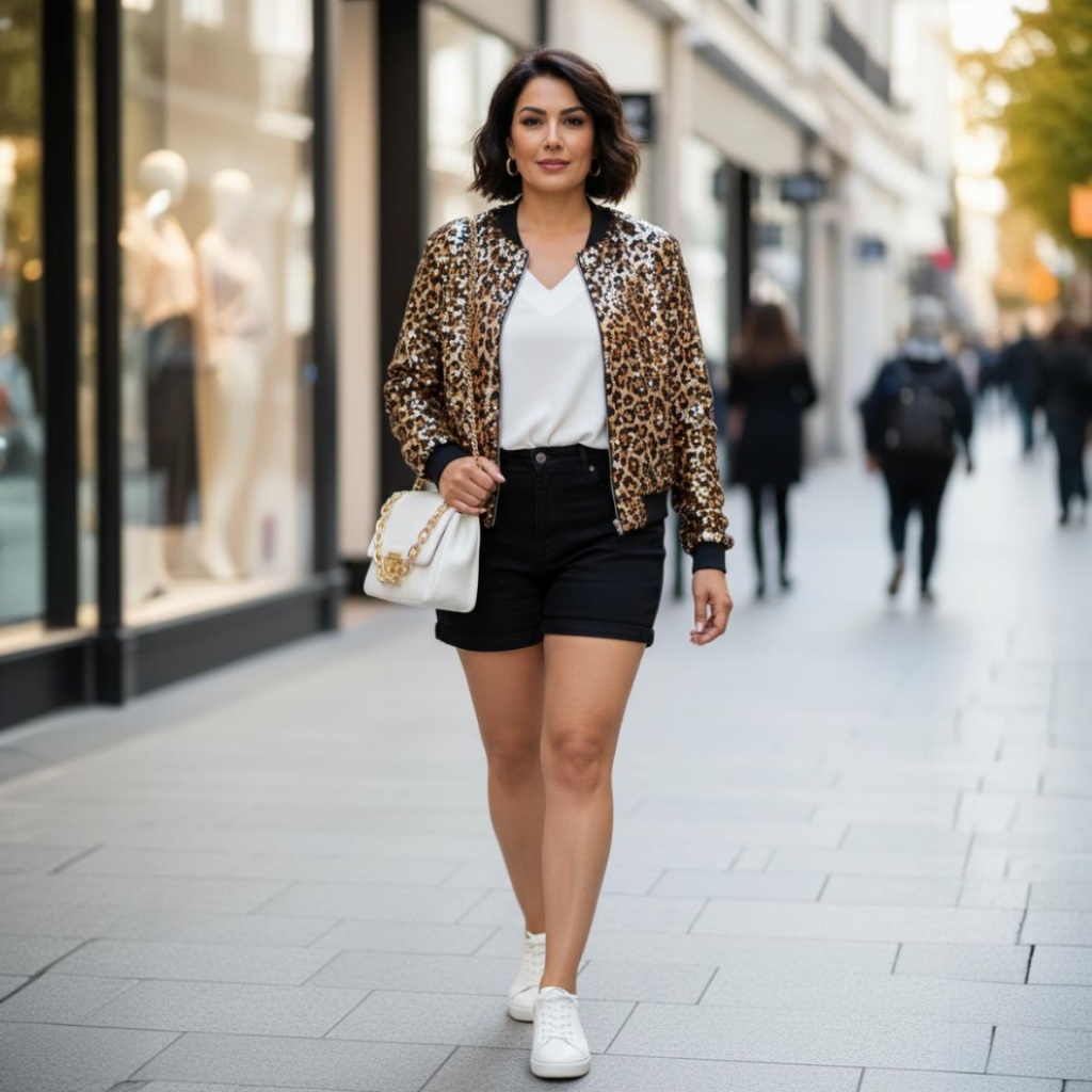 Woman walking on a city street wearing a leopard print jacket, white shirt, black shorts, and white sneakers.
