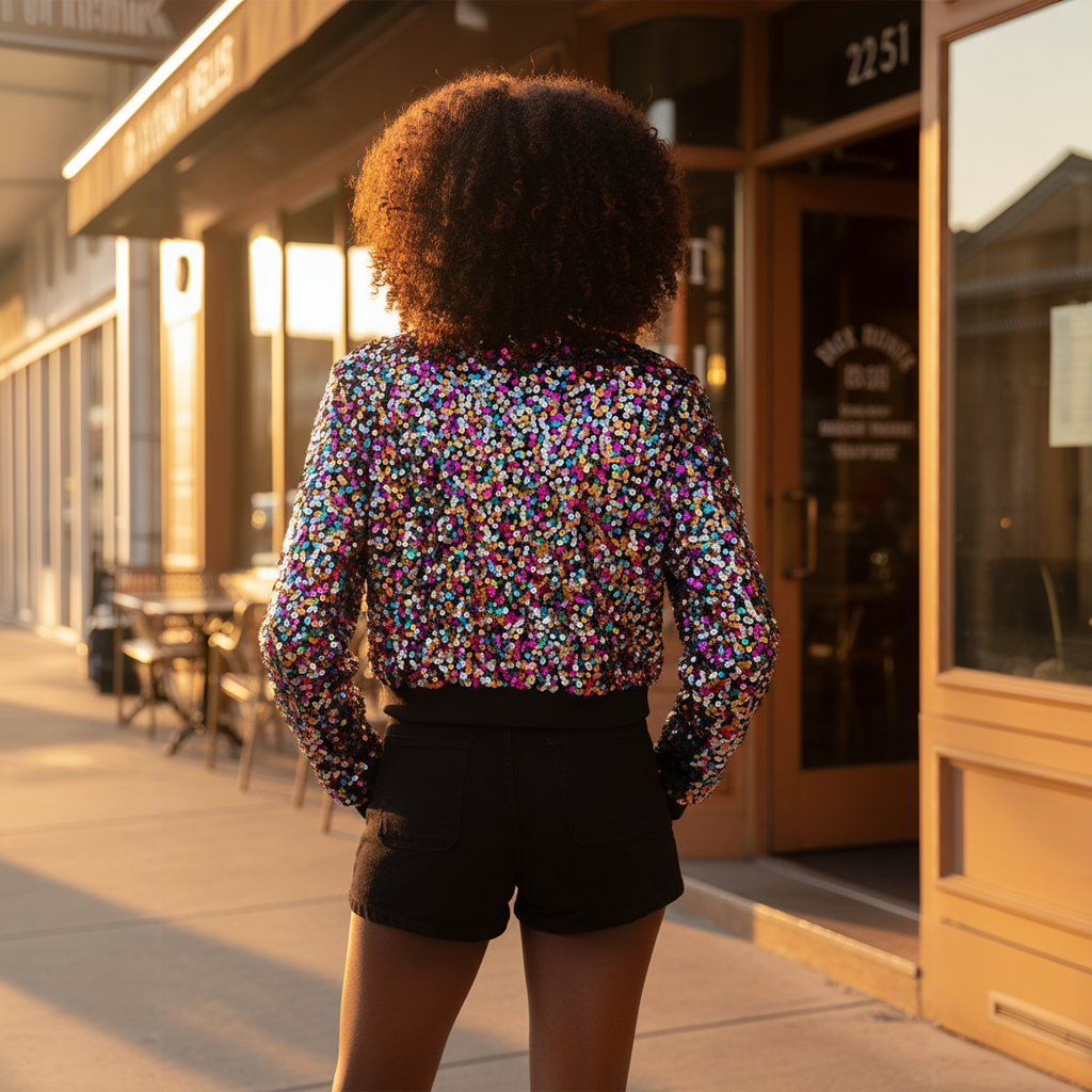 Person wearing a colorful sequin jacket and black shorts standing on a sidewalk.