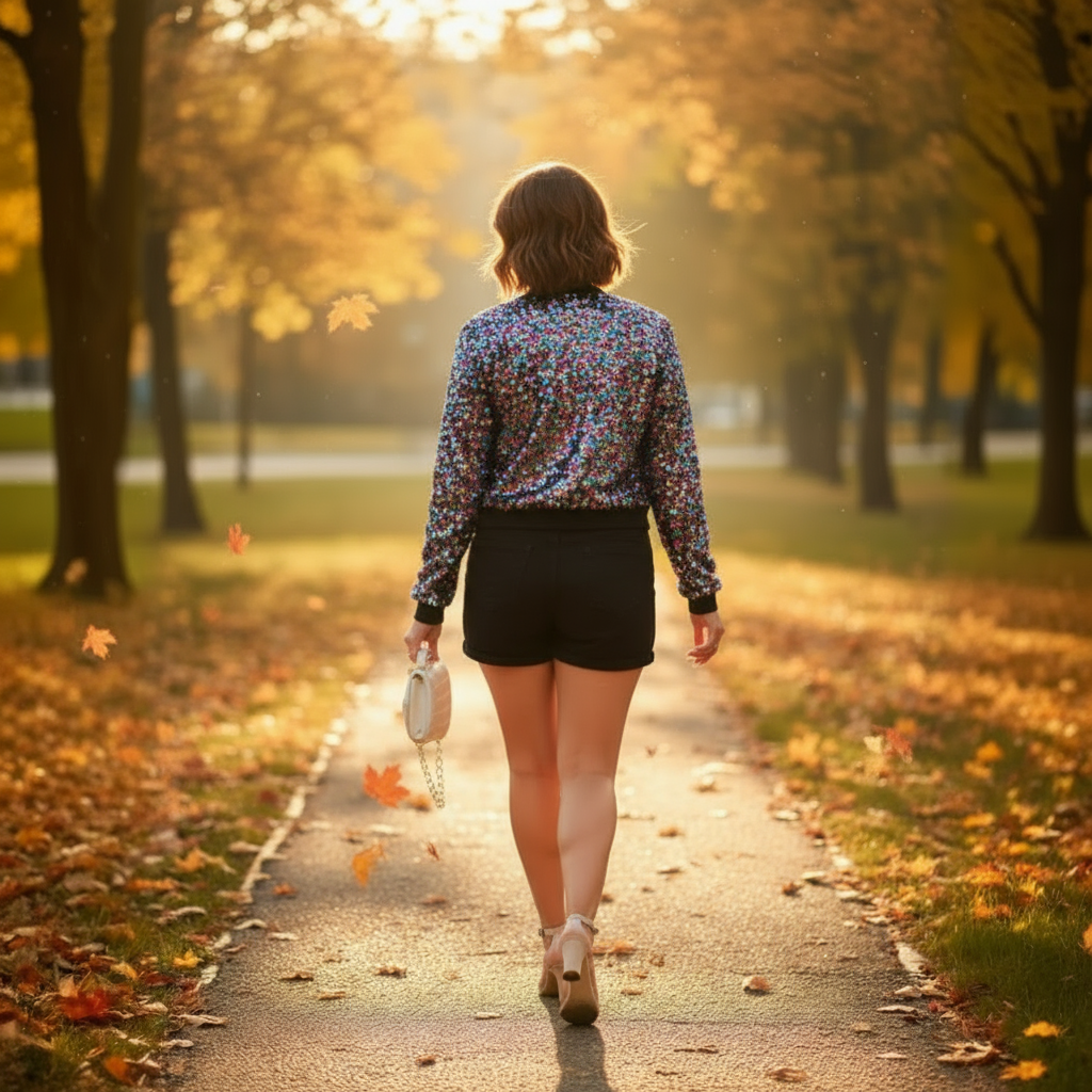 Woman walking down a path in a park with autumn leaves and trees.