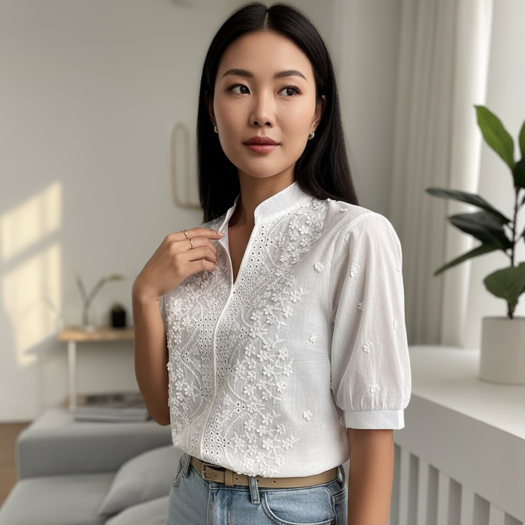 Woman wearing a white blouse with intricate patterns in a modern living room.