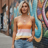 Woman wearing a colorful striped top and jeans in front of a graffiti wall.