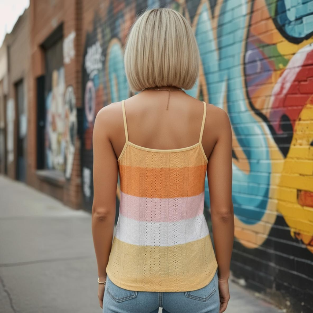 Person wearing a colorful striped tank top in front of a graffiti wall.