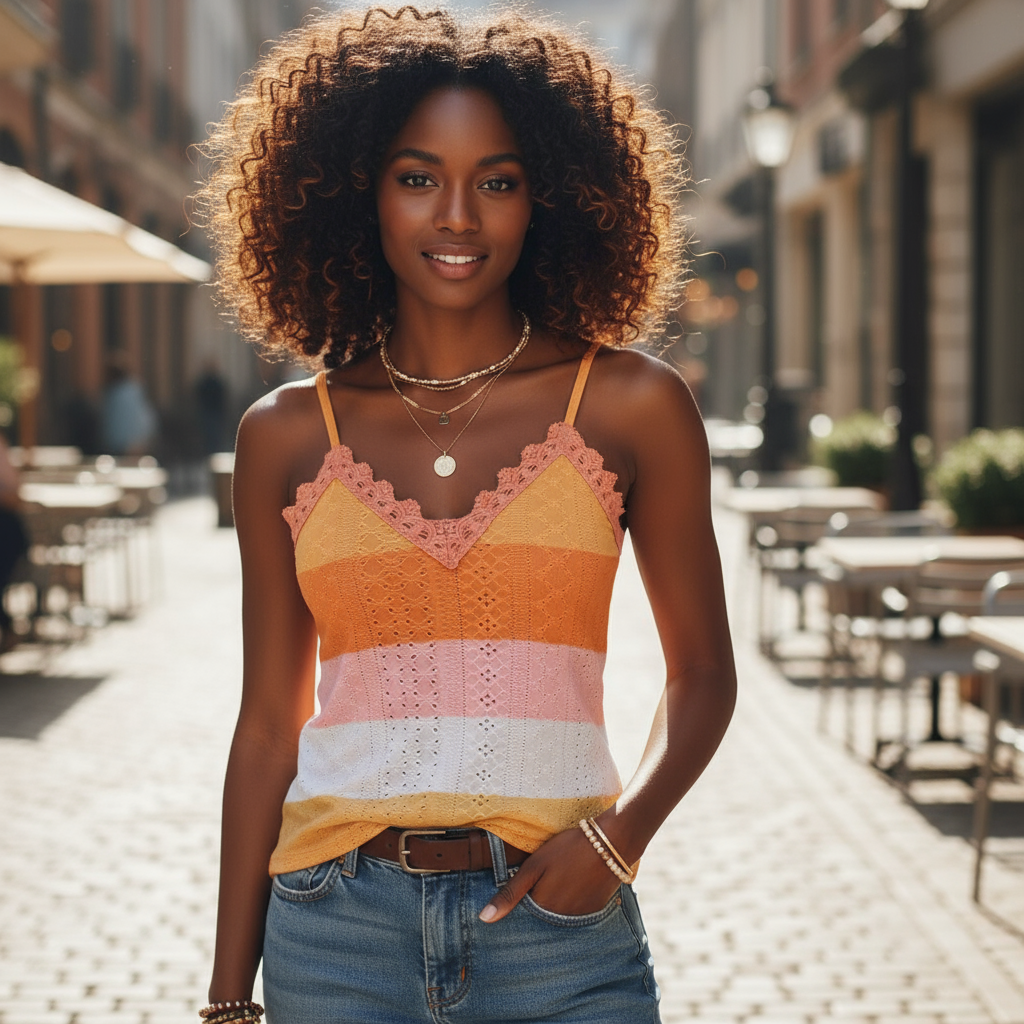 Woman wearing a colorful striped tank top on a street