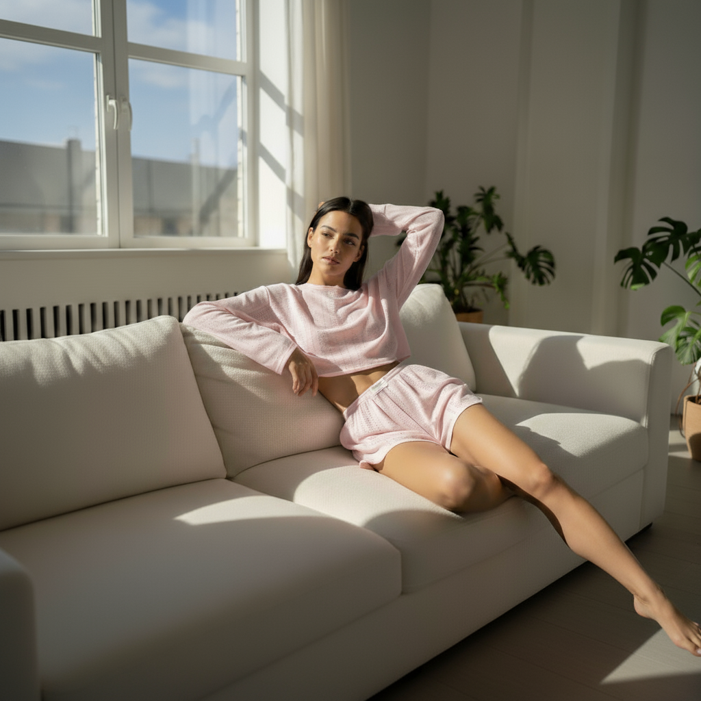 Woman in pink pajamas sitting on a white couch in a bright room with large windows.