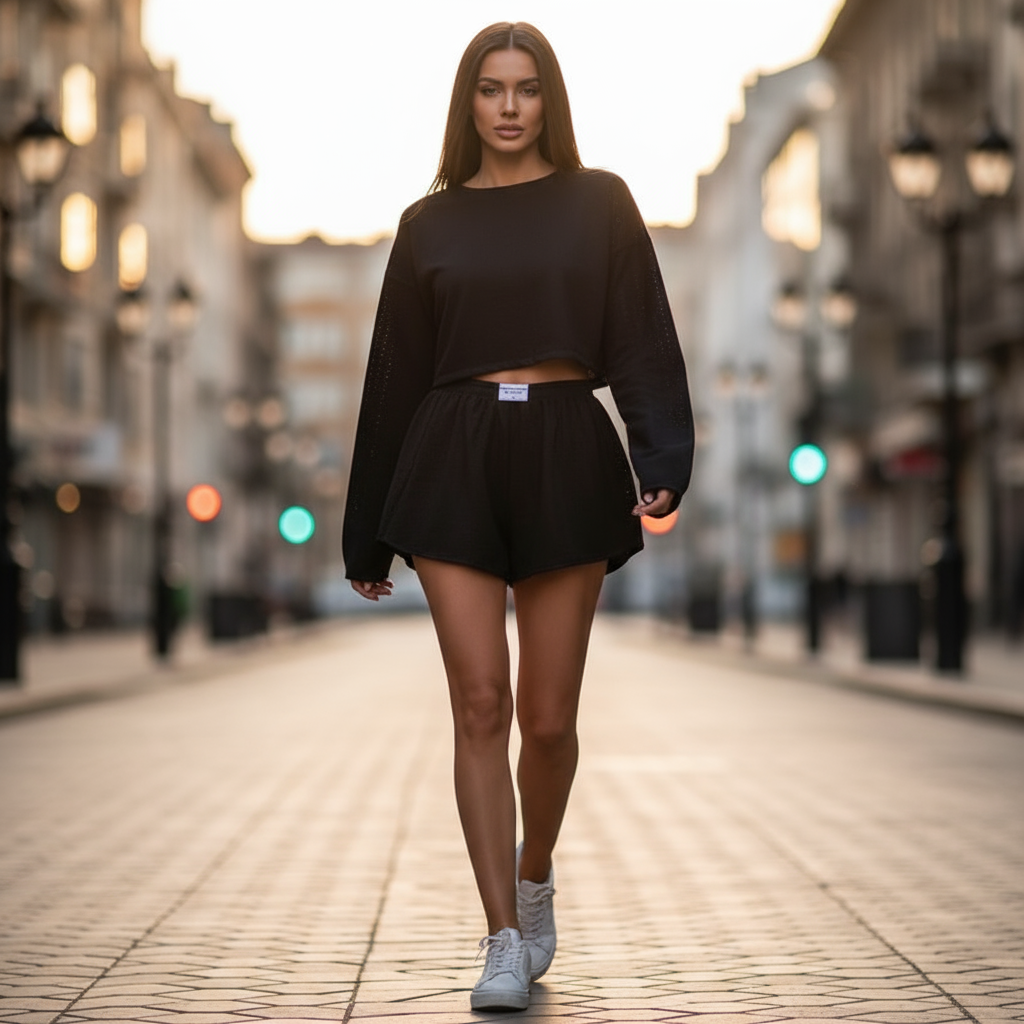 Woman in black outfit walking on a city street