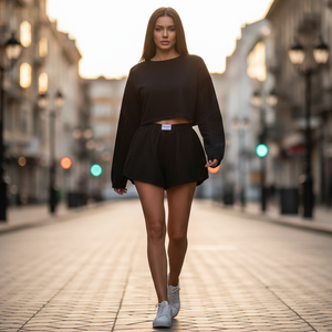 Woman in black outfit walking on a city street