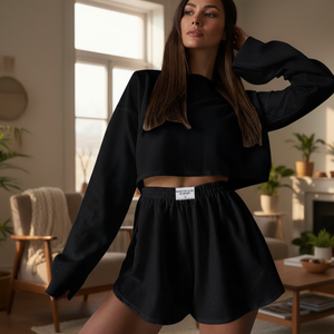 Woman wearing a black outfit in a home setting