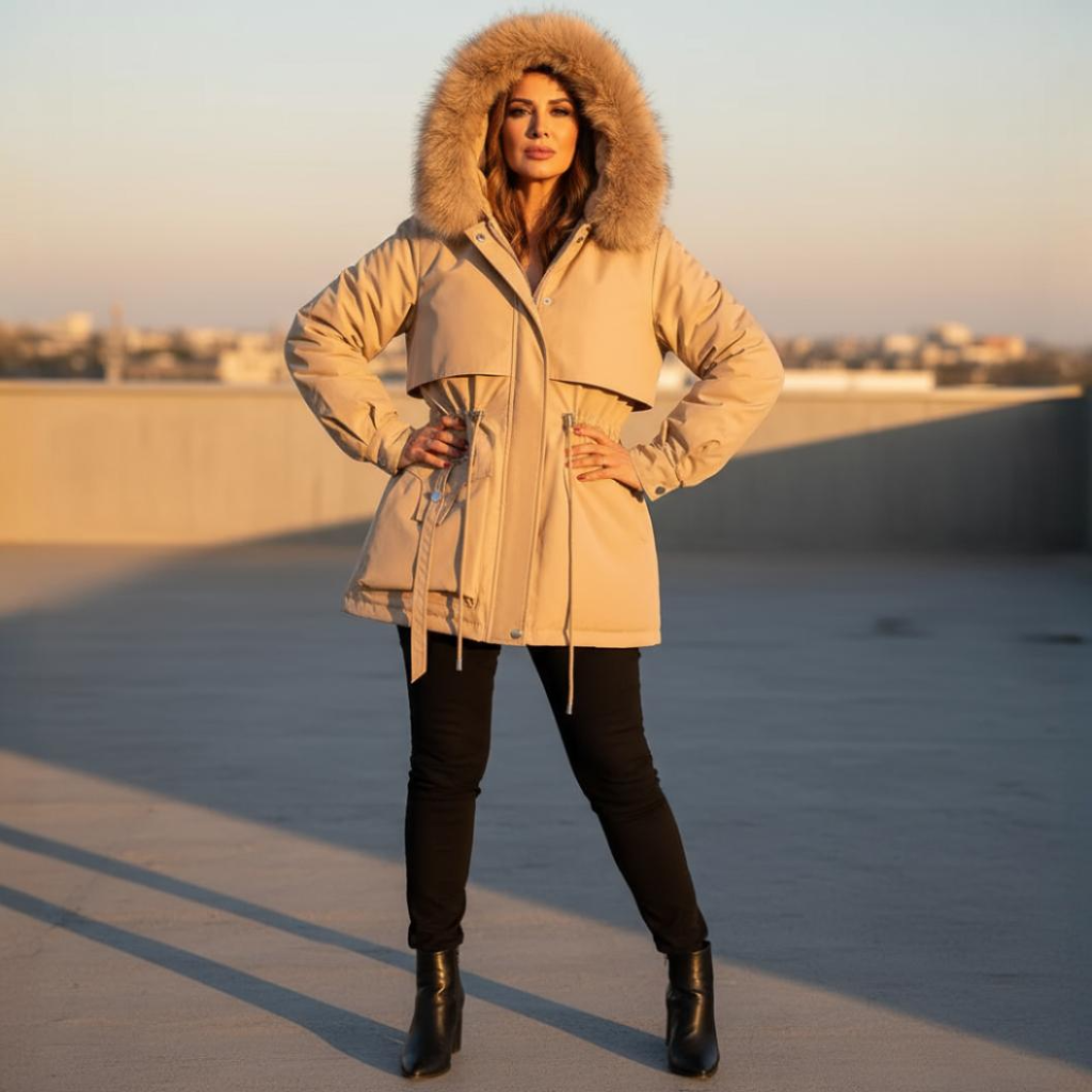 Woman wearing a beige parka with a fur-lined hood on a rooftop.