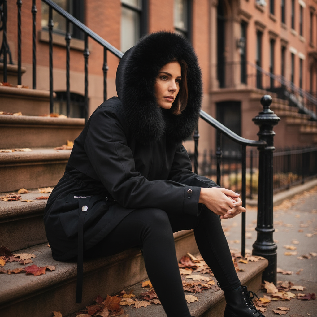 Woman in a black coat with fur hood sitting on steps in an urban setting