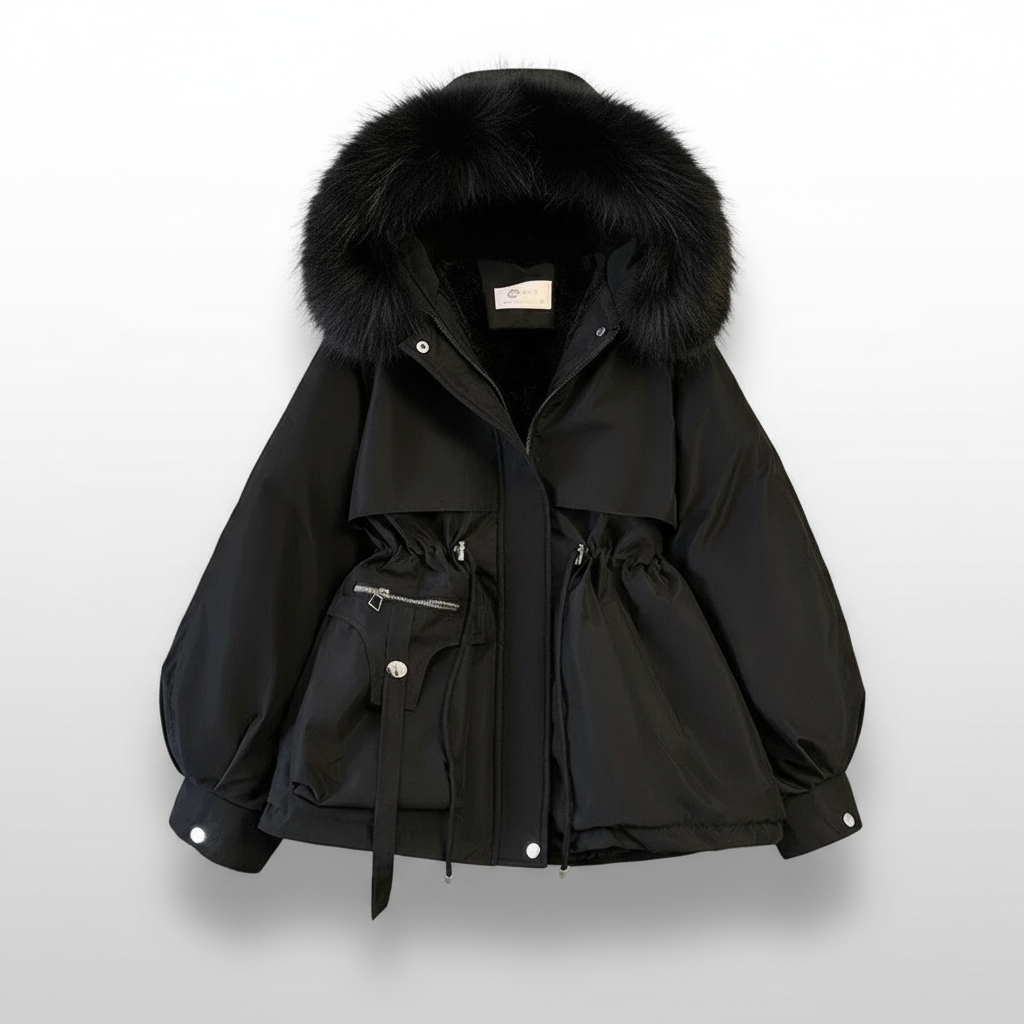 Black jacket with fur hood on a light gray background