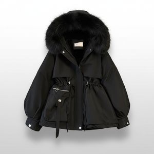 Black jacket with fur hood on a light gray background