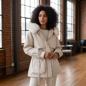Woman wearing a beige parka with fur hood in a room with brick walls and large windows.