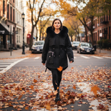 Woman walking on a street with fallen leaves during autumn