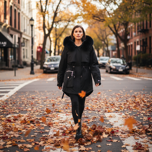 Woman walking on a street with fallen leaves during autumn
