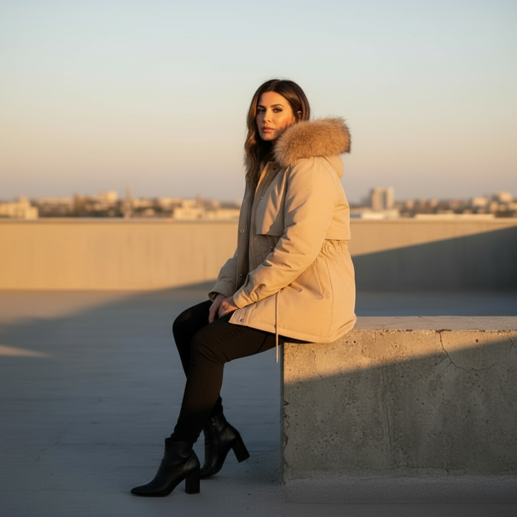 Woman in a beige parka sitting on a concrete ledge with a cityscape in the background.