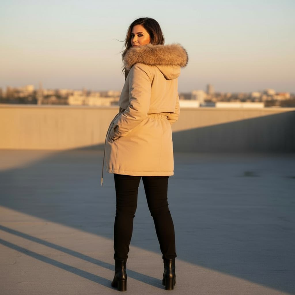 Woman wearing a beige parka with fur hood on a rooftop at sunset.