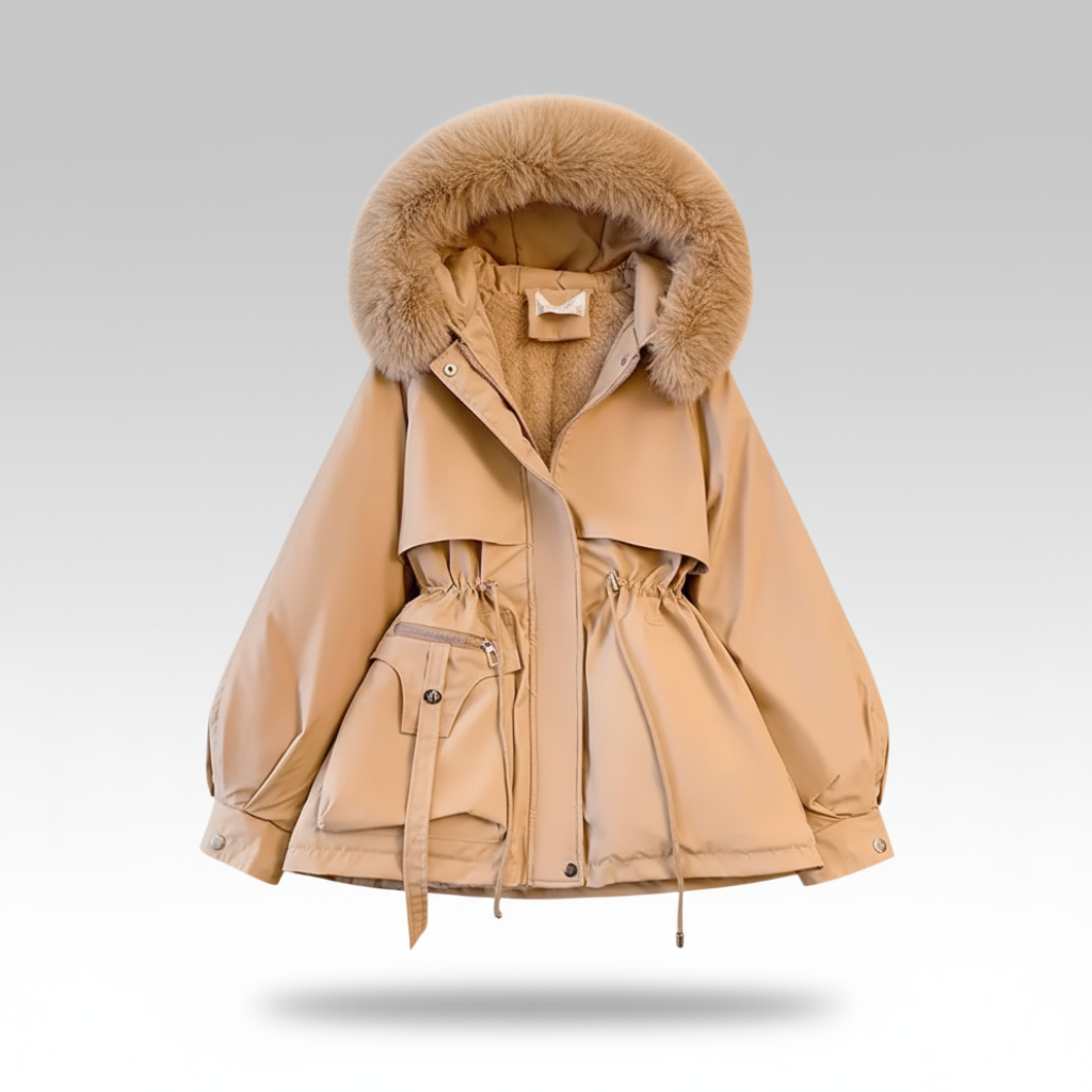 Beige winter coat with fur hood on a light gray background