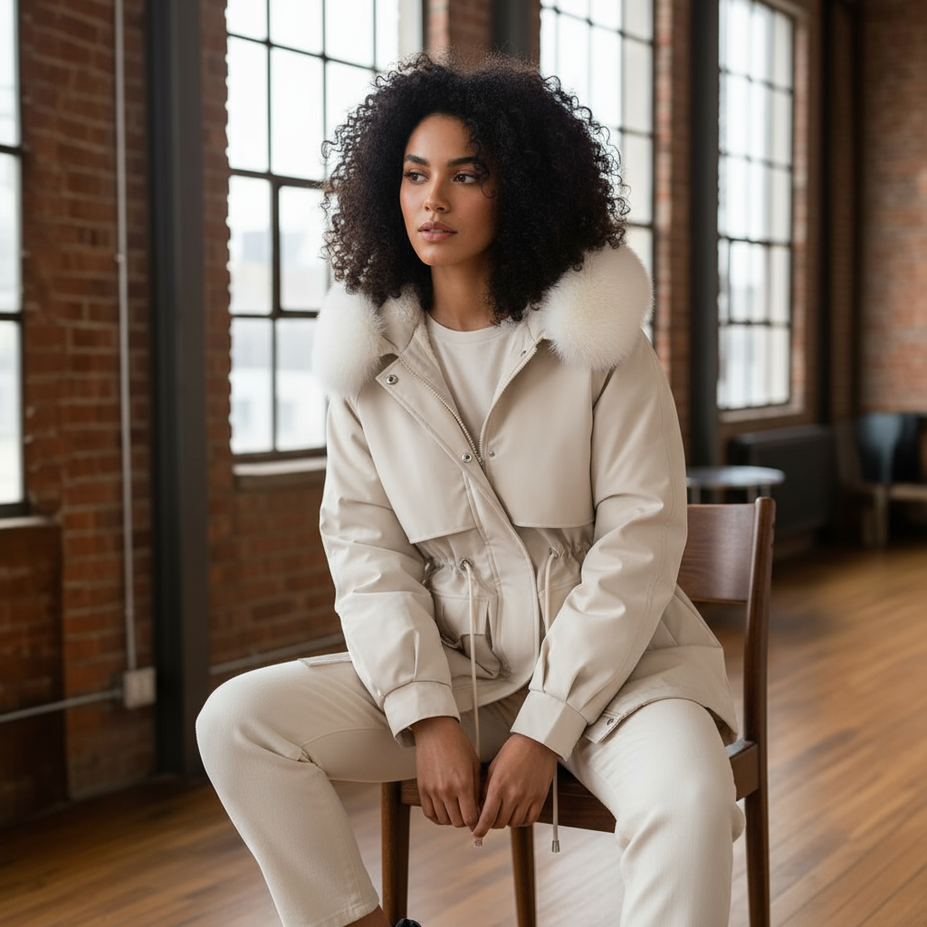 Woman in a beige outfit sitting on a chair in a room with large windows and brick walls.