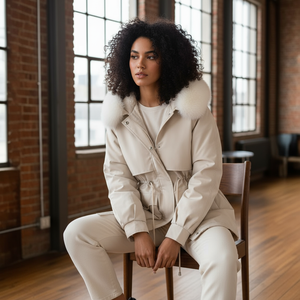 Woman in a beige outfit sitting on a chair in a room with large windows and brick walls.