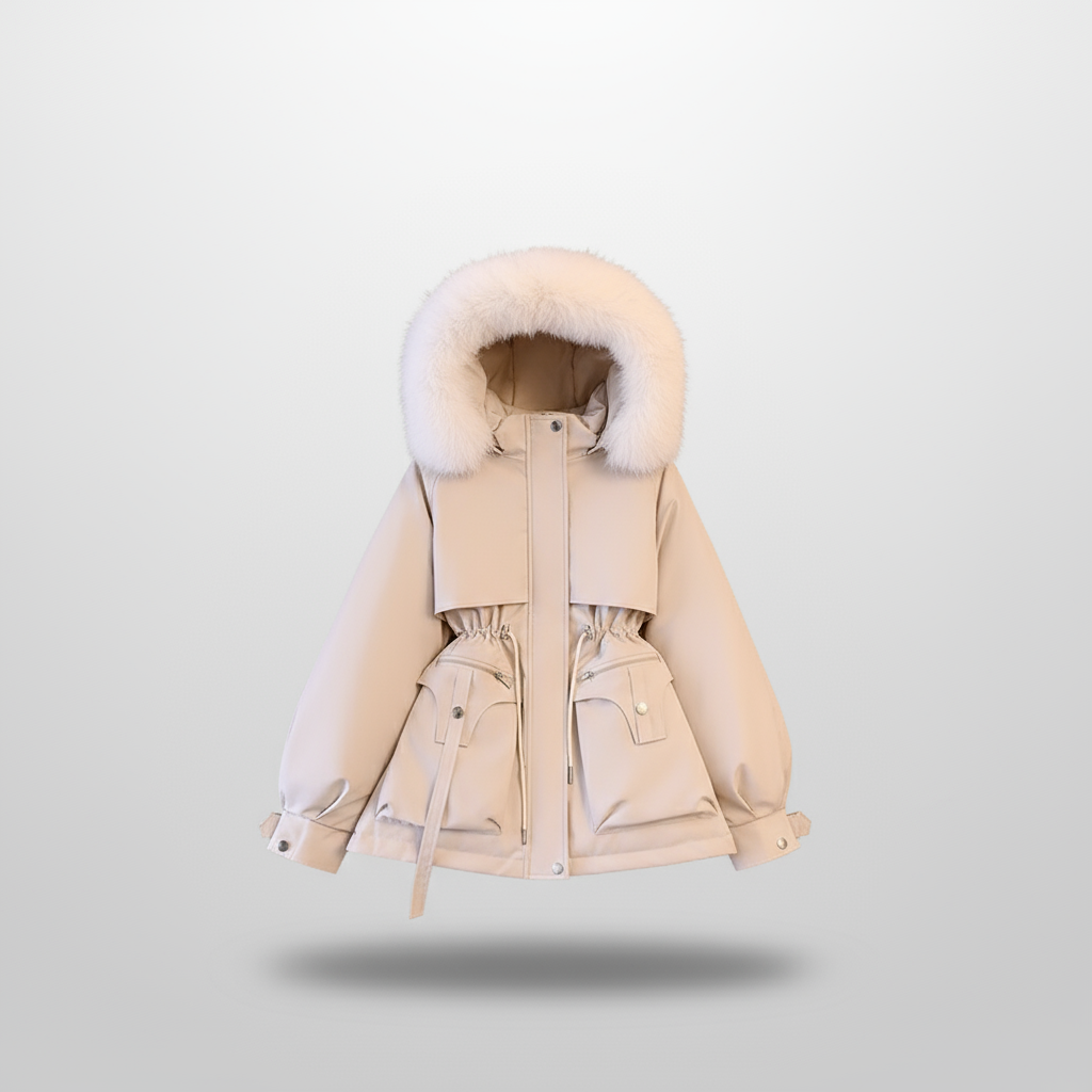 Beige parka with fur-lined hood on a light gray background