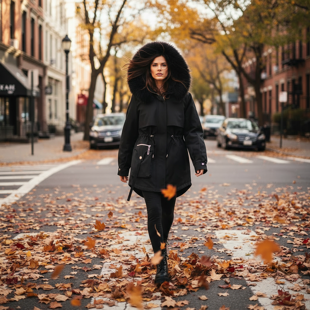 Woman in a black coat walking on a street with autumn leaves