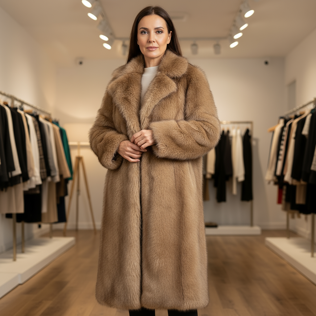 Woman wearing a long brown fur coat in a clothing store.