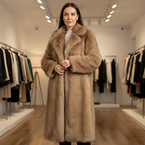 Woman wearing a long brown fur coat in a clothing store.