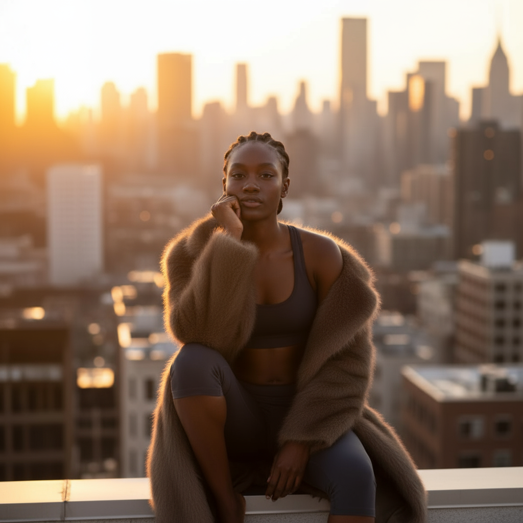 Woman sitting on a rooftop with a cityscape in the background during sunset.