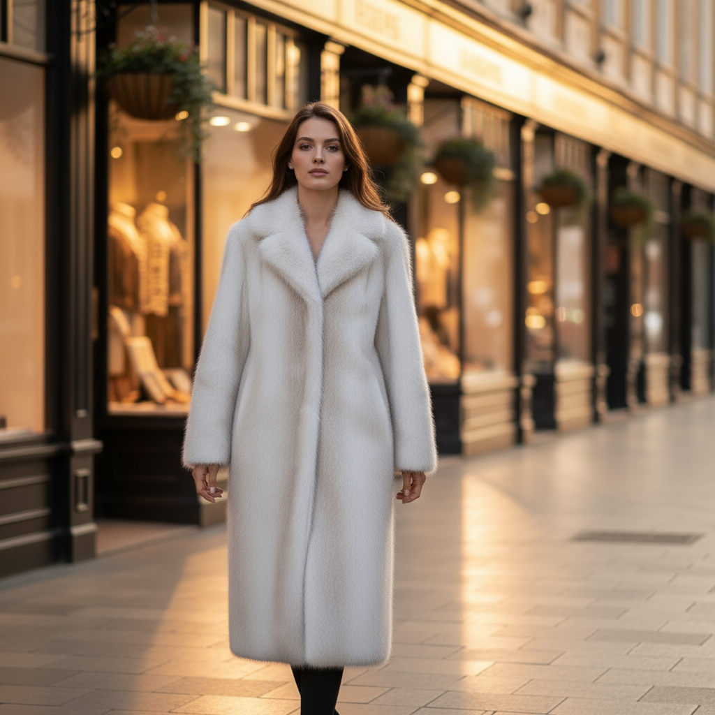 Woman in a long white coat walking on a city street with shops in the background