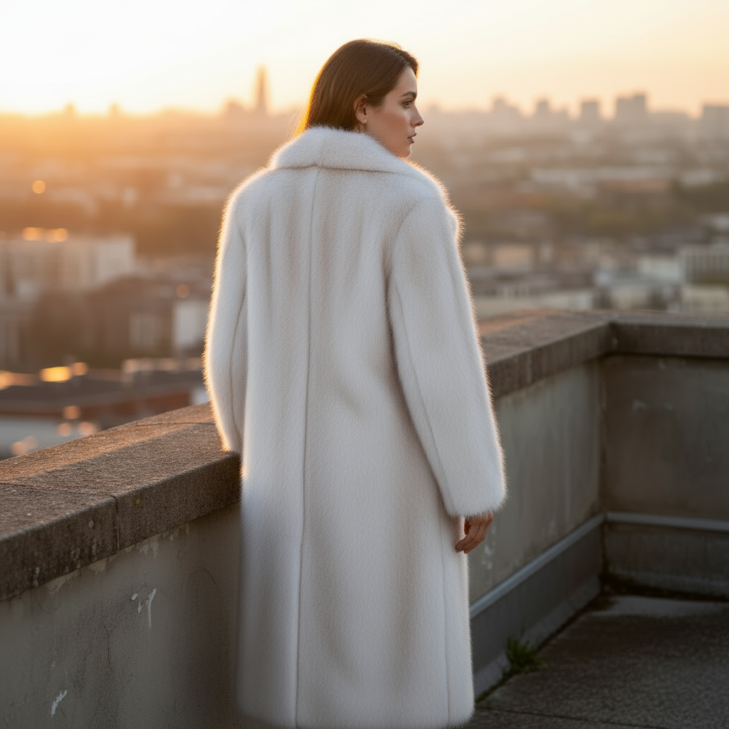 Woman in a white coat standing on a rooftop with a cityscape in the background during sunset.