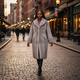 Woman in a long coat walking down a city street at dusk.