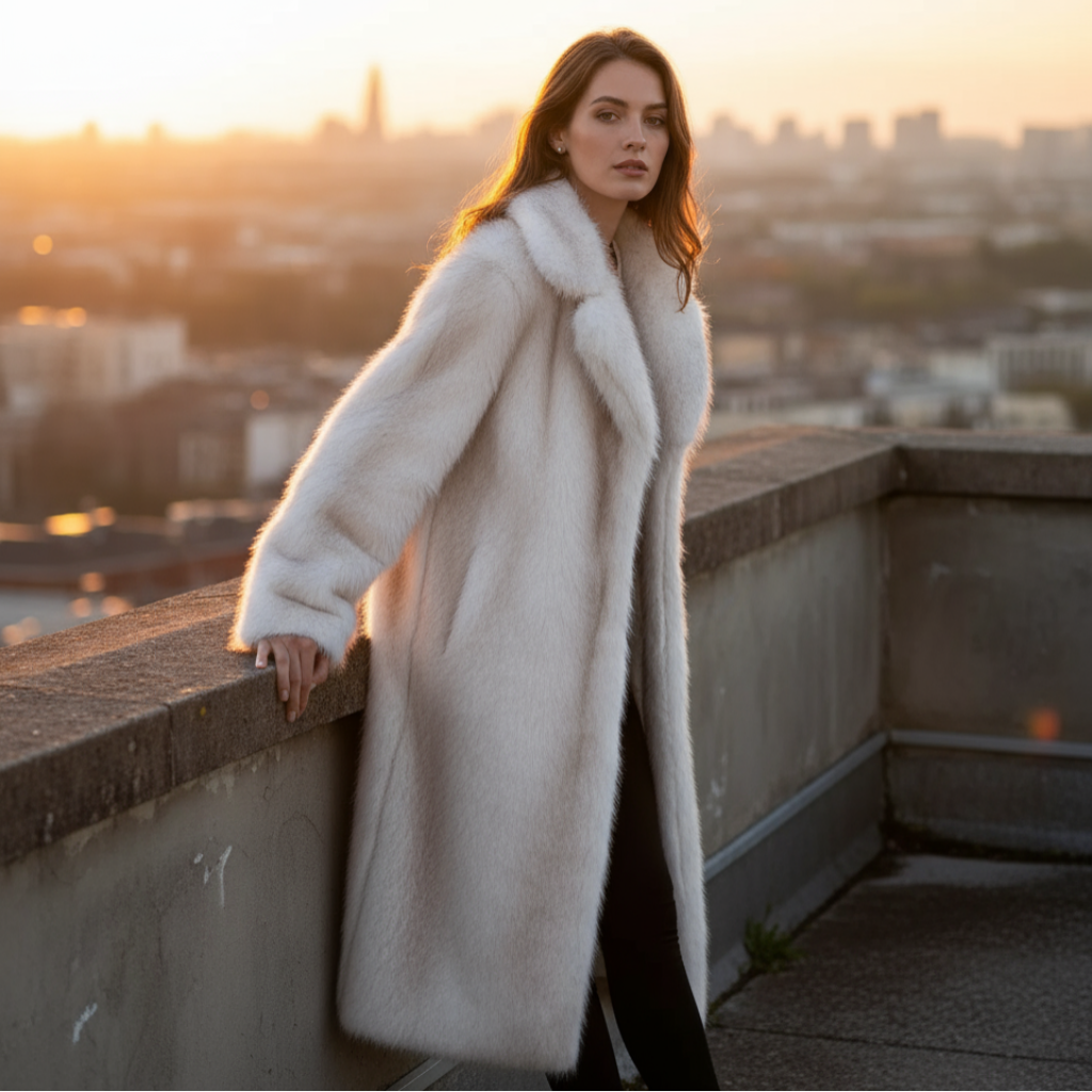 Woman in a long white coat standing on a rooftop with a cityscape in the background during sunset.