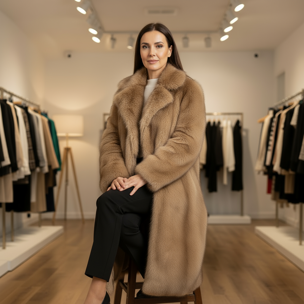 Woman wearing a long brown coat in a clothing store