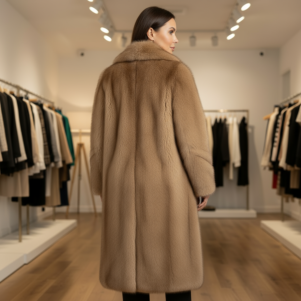 Woman wearing a long brown coat in a clothing store