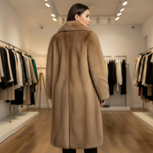 Woman wearing a long brown coat in a clothing store