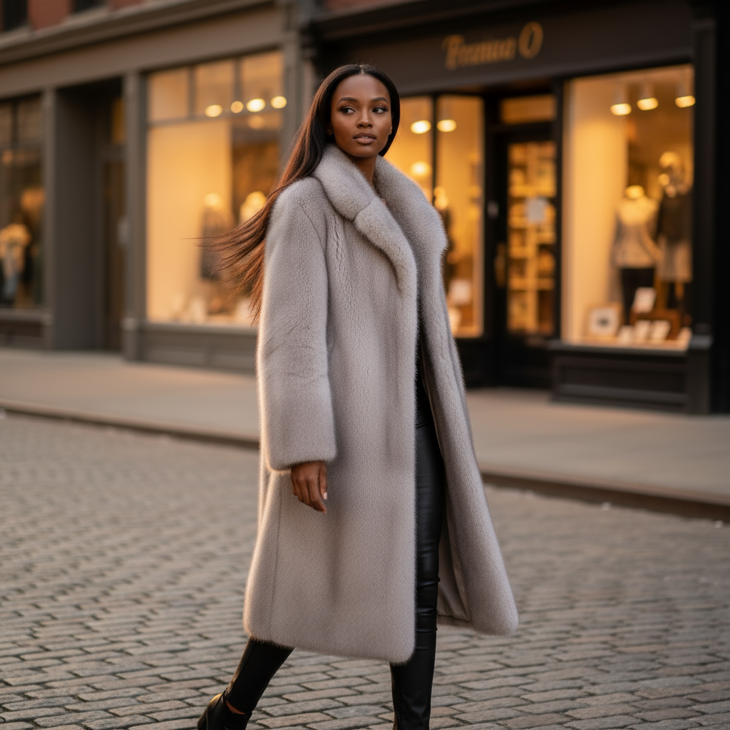 Woman in a long gray coat walking on a street with storefronts in the background