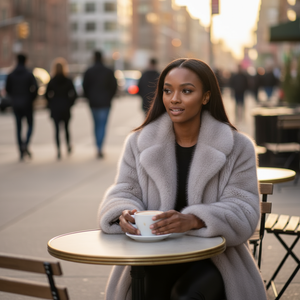 Woman in a gray coat sitting at an outdoor cafe table holding a cup, with a city street background.