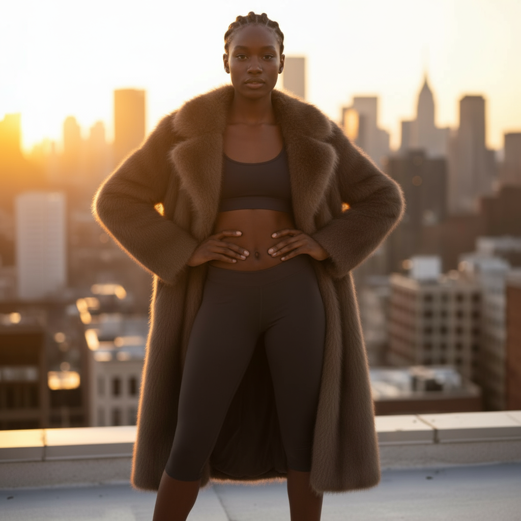 Person wearing a long brown coat and dark pants on a rooftop with a cityscape in the background during sunset.