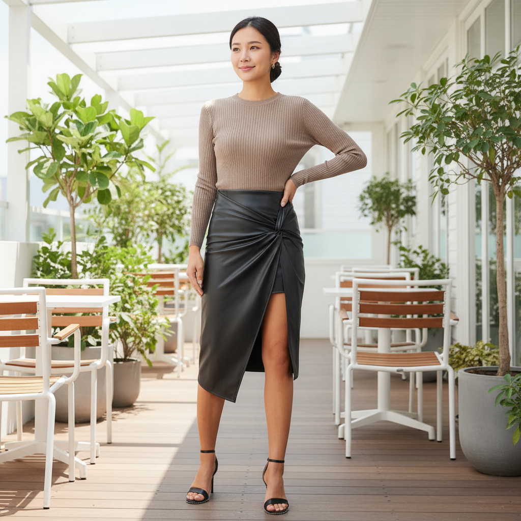 Woman standing in a modern outdoor setting with plants and chairs.