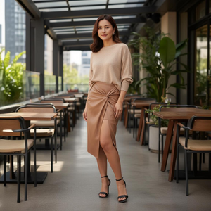Woman in a beige outfit standing in an outdoor cafe setting