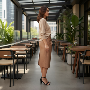 Woman in a beige outfit standing in an outdoor cafe setting