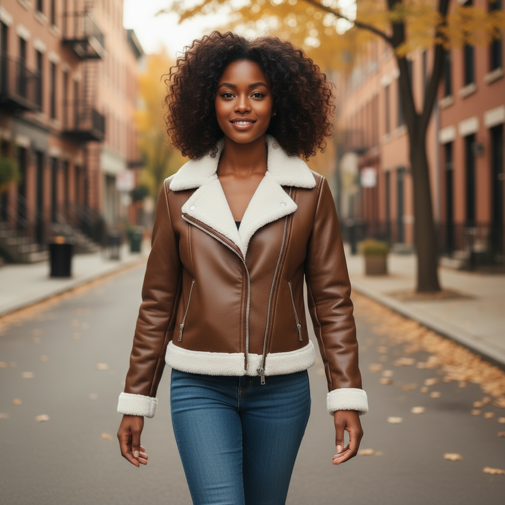 Woman wearing a brown leather jacket with white fur trim on a street.
