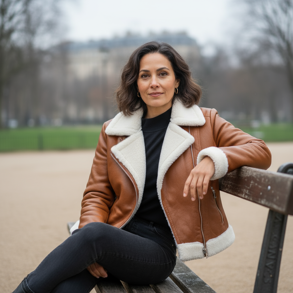 Woman sitting on a bench wearing a brown leather jacket with white fur trim in an outdoor setting.