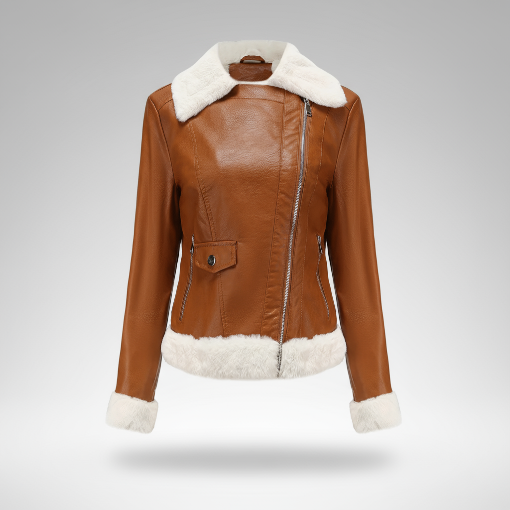 Brown leather jacket with white fur lining on a gray background