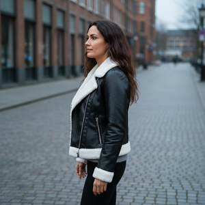 Woman wearing a black leather jacket with white fur trim on a city street.