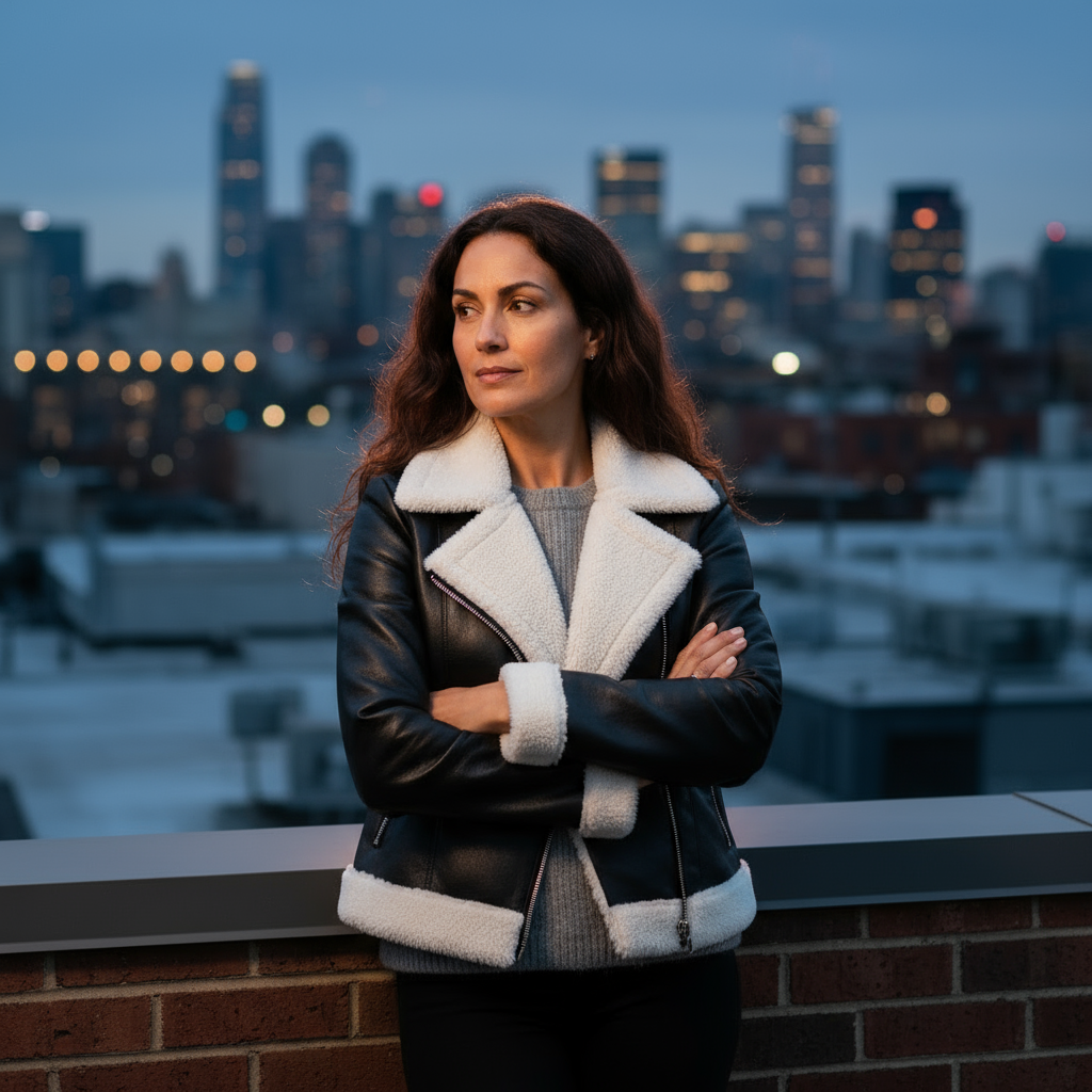Woman in a black leather jacket with white fur trim standing on a rooftop with a city skyline in the background.